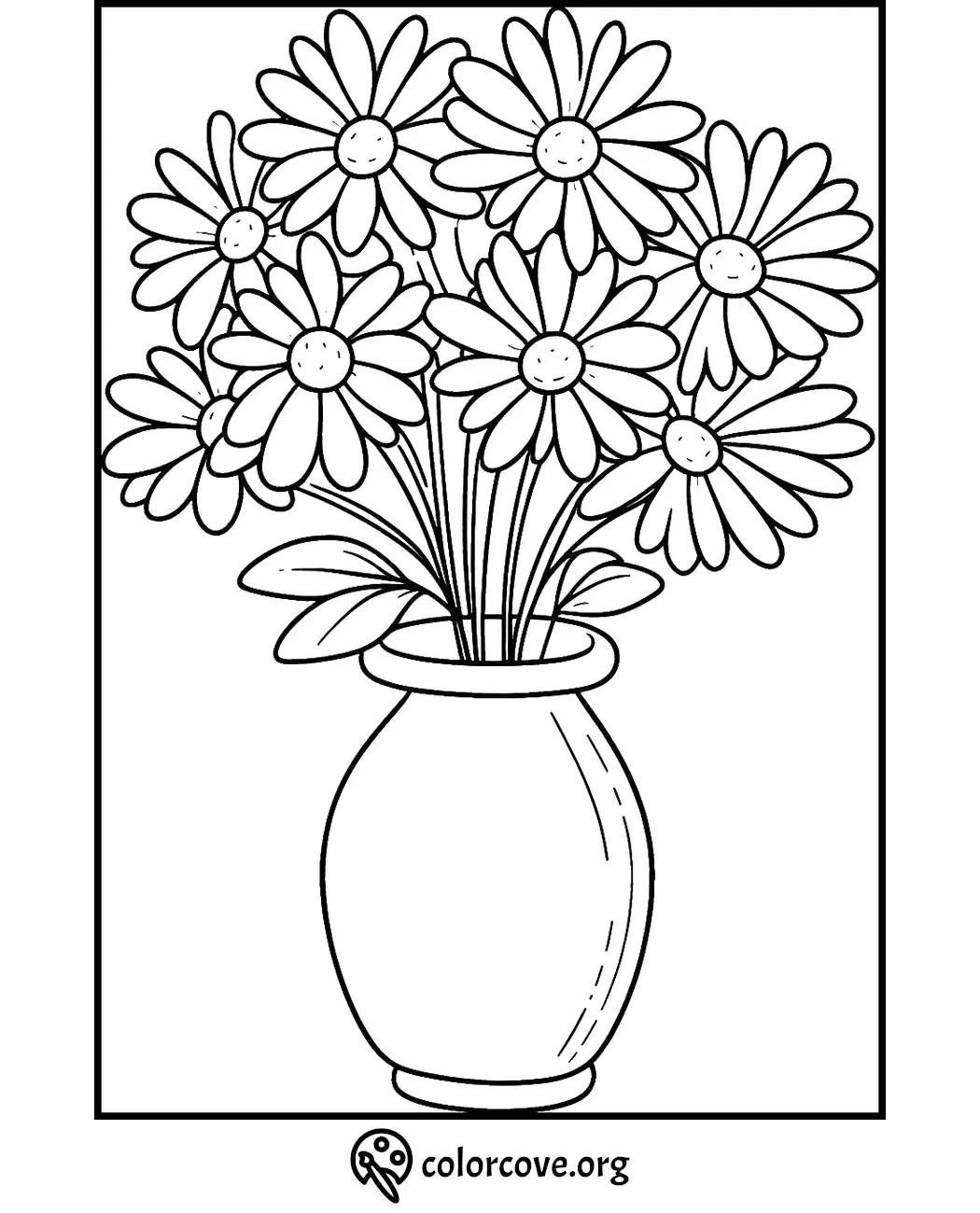 Coloring page of a vase filled with daisy flowers, ready to be colored. Perfect for kids and adults to enjoy.