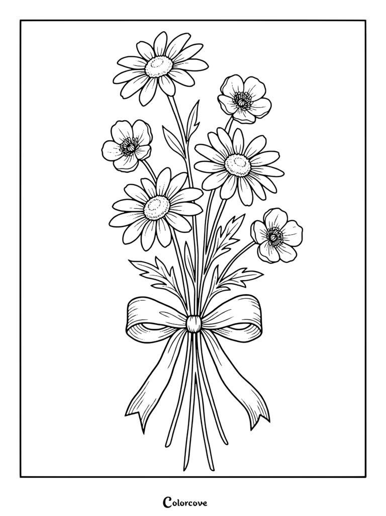 A printable daisy coloring page featuring a lovely flower bouquet tied with a bow.