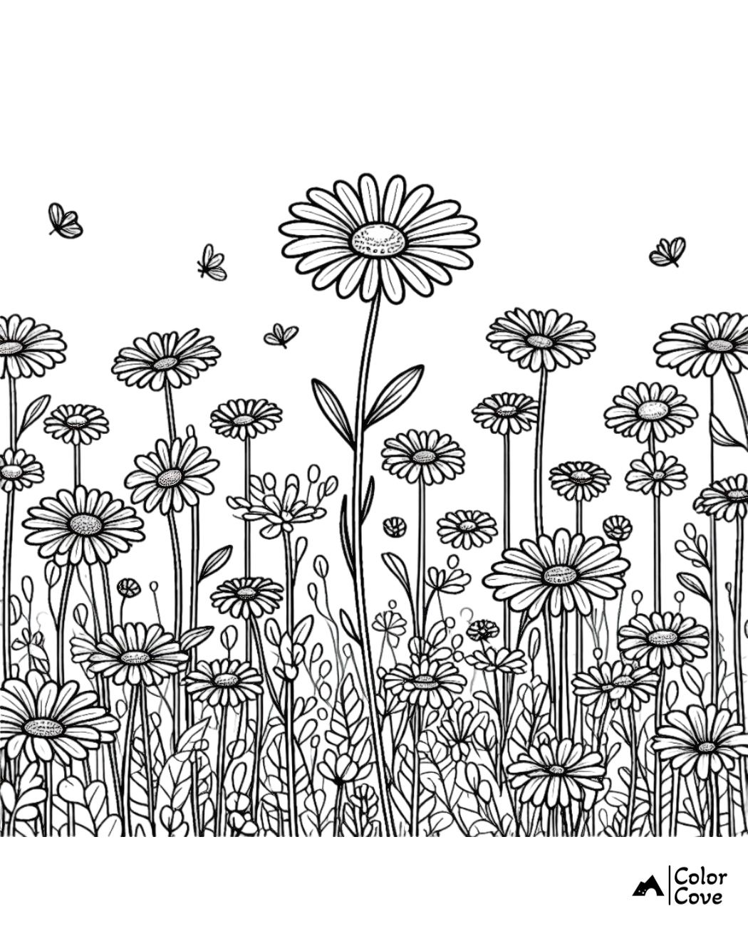 Coloring page with tall, blooming daisies in a field, surrounded by butterflies and grass. Perfect for relaxing and creative fun.