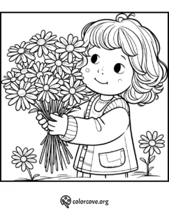 Child holding a bouquet of flowers in a detailed coloring page, perfect for kids and adults at colorcove.org.