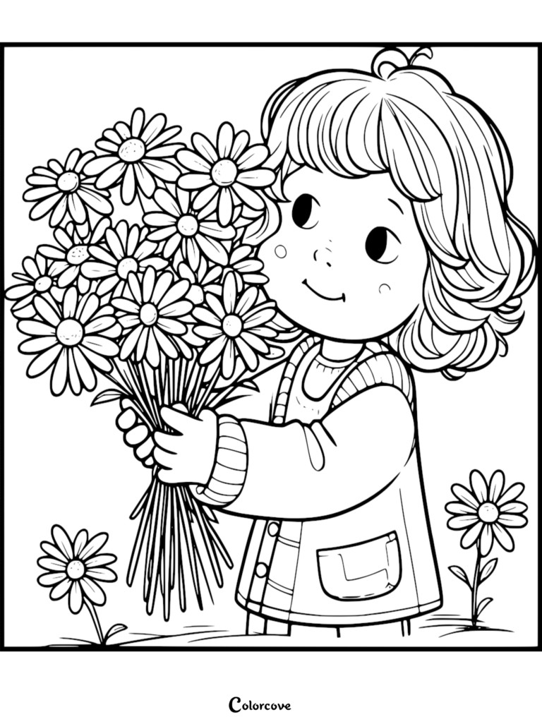Daisy coloring page featuring a girl holding a large bouquet of flowers.