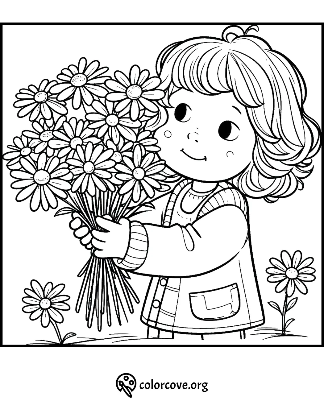 Child holding a bouquet of flowers in a detailed coloring page, perfect for kids and adults at colorcove.org.