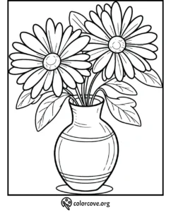 Coloring page of a vase with two large flowers and leaves, ideal for kids and adults to enjoy coloring. From colorcove.org.