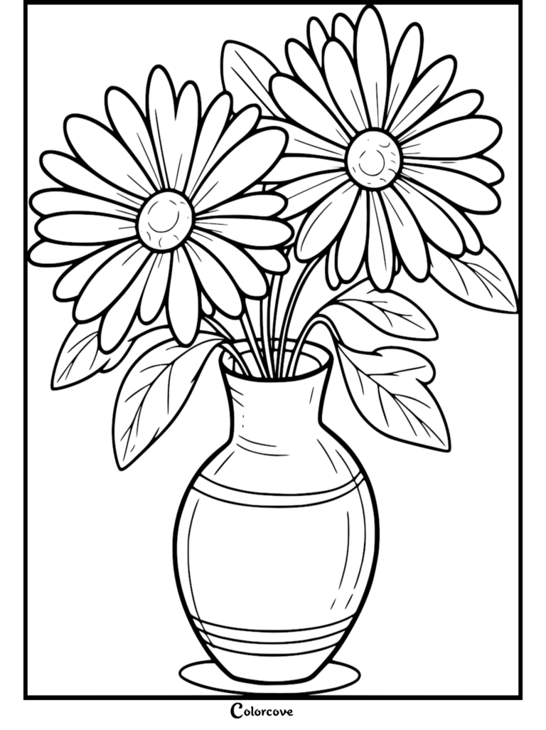 Free printable daisy coloring page showing two flowers in a vase with leaves.