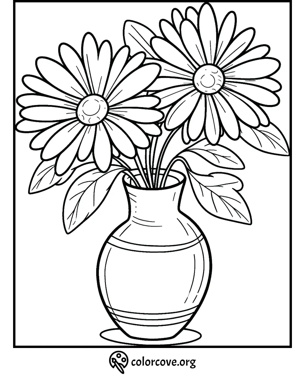 Coloring page of a vase with two large flowers and leaves, ideal for kids and adults to enjoy coloring. From colorcove.org.