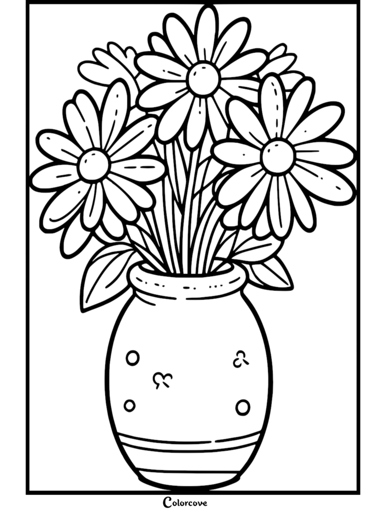 Free printable daisy coloring page featuring a lovely bouquet of flowers in a patterned vase.