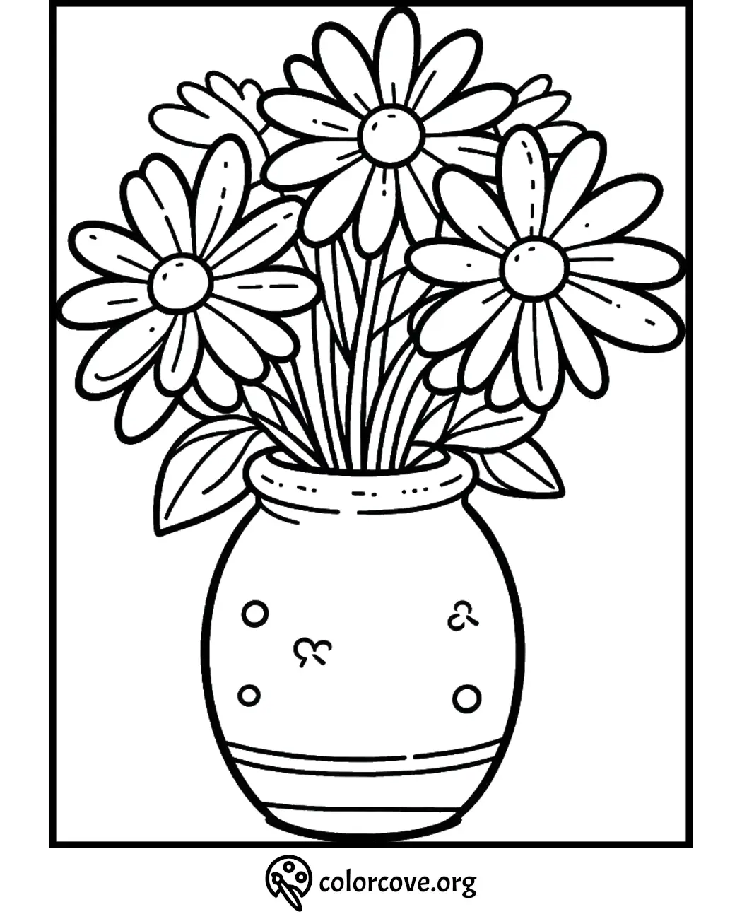 Coloring page of a vase with blooming flowers, perfect for kids and adults to enjoy a creative activity from colorcove.org.