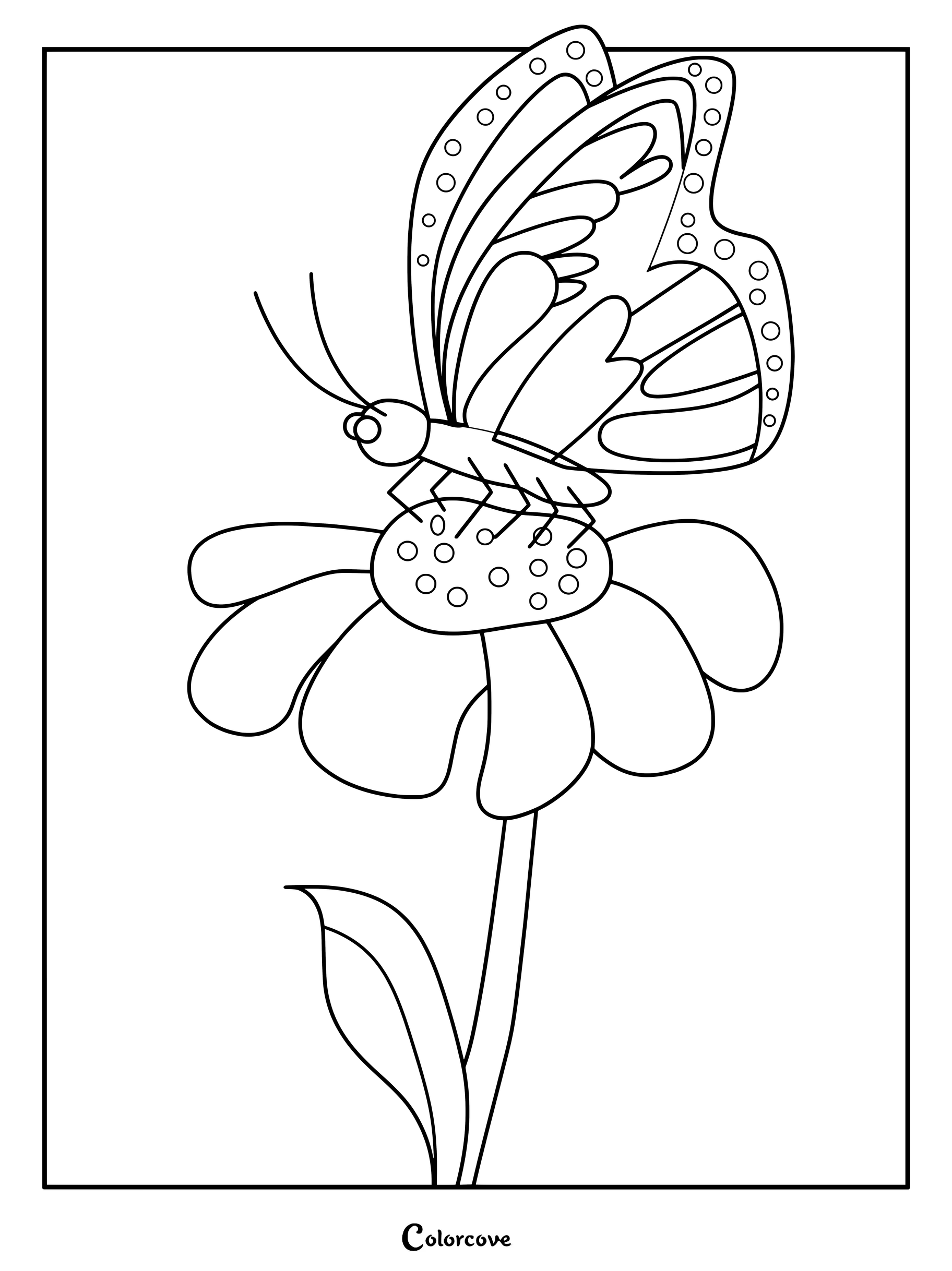 Un dibujo para colorear de margaritas detallado con una mariposa descansando en el centro de la flor.