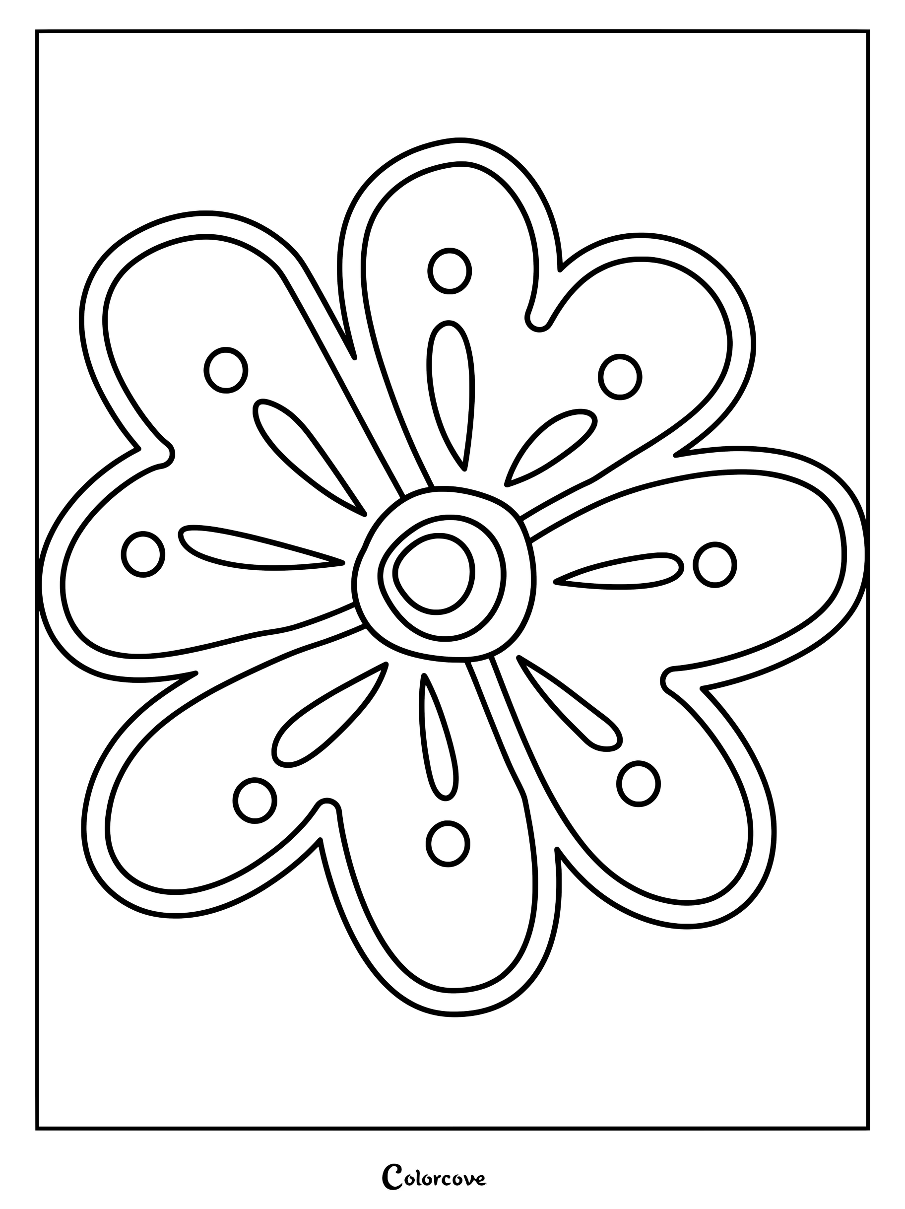Un contorno sencillo de un dibujo para colorear de margaritas con pétalos redondeados y centros circulares decorativos.