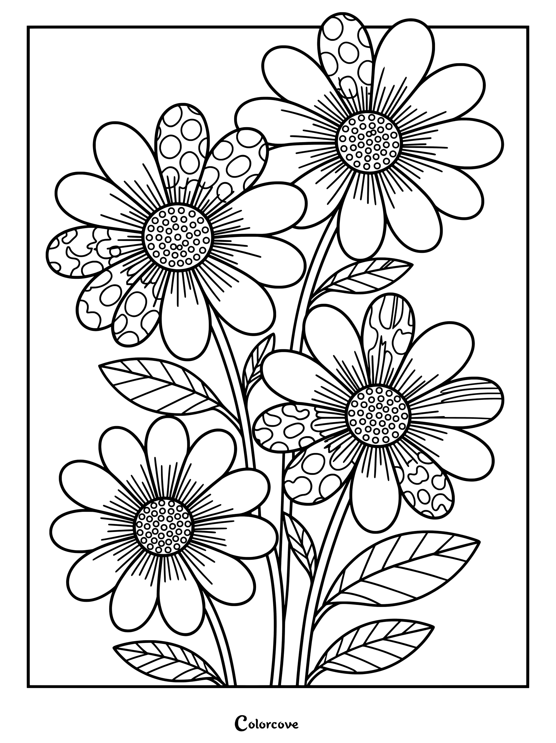 Dibujo para colorear de margaritas detallado con un ramo de flores de pétalos estampados.
