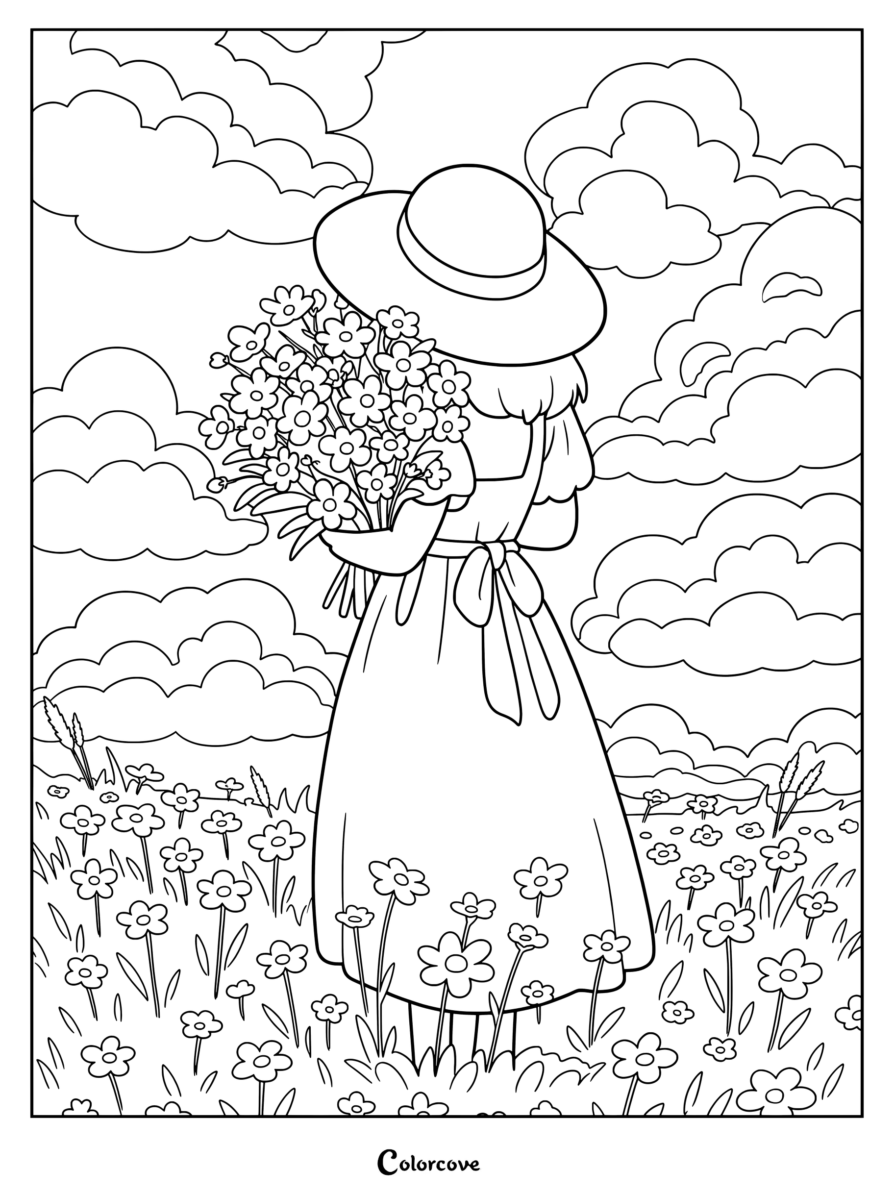 Dibujo para colorear con una suave ilustración digital estilo Ghibli de una persona en un prado de margaritas.