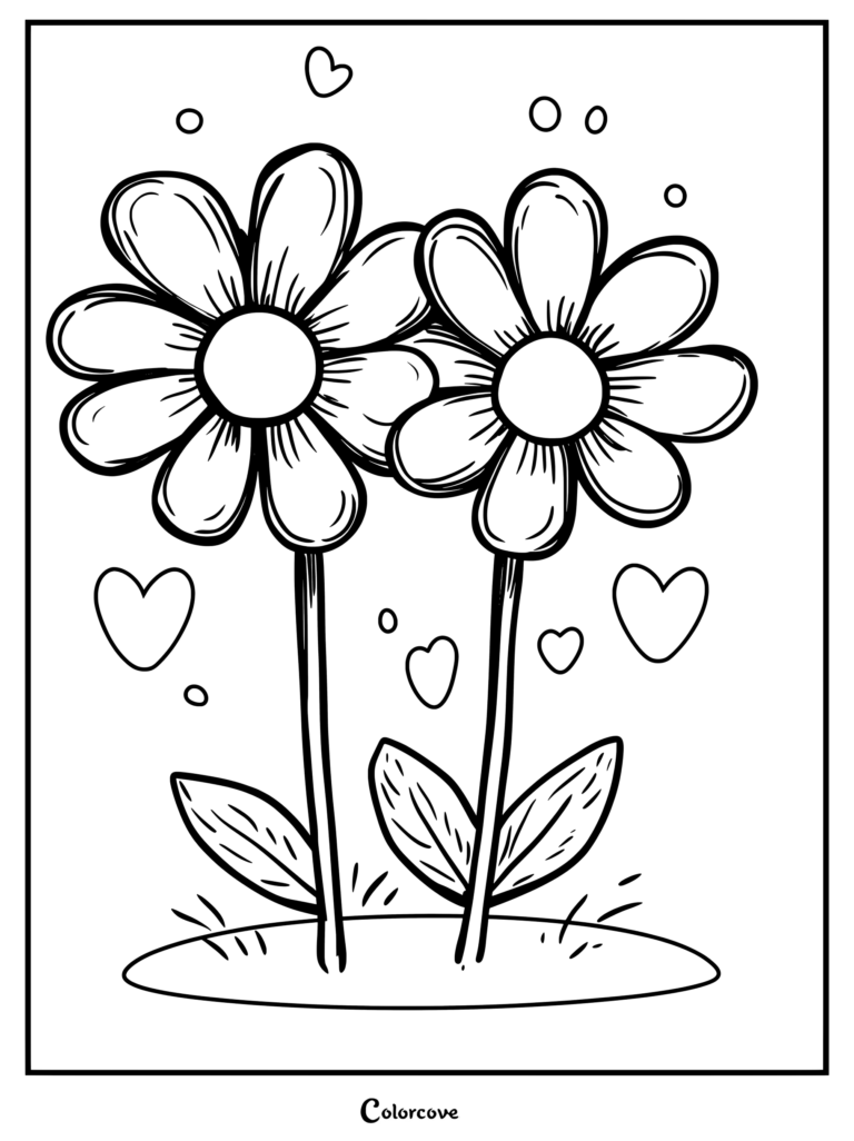 Printable Daisy coloring page featuring two cheerful flowers surrounded by floating hearts.