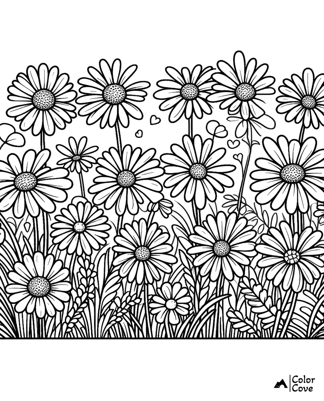 Coloring page featuring a field of daisies with intricate details, perfect for relaxation and creativity.