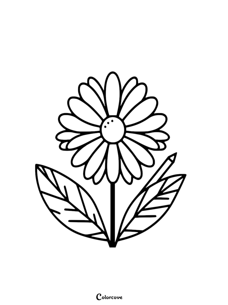 Free printable daisy coloring page featuring a cute flower with two large leaves.