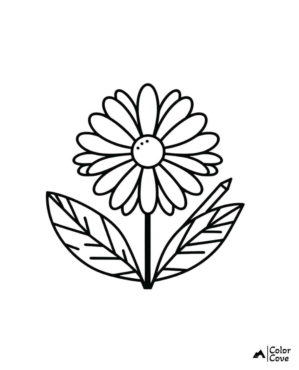 Daisy flower coloring page with detailed petals and leaves, perfect for kids' art activities and creative coloring fun.