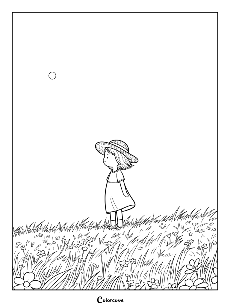 Printable Daisy coloring page featuring a young girl wearing a sun hat standing in a flowery meadow.