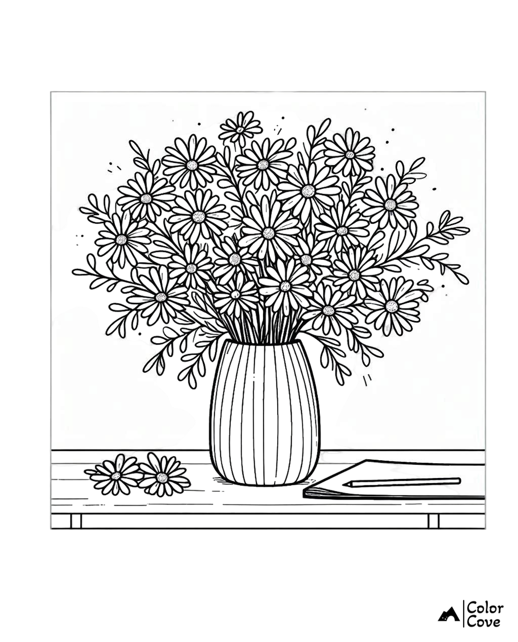 Coloring page featuring a vase of daisies on a table with a pencil and paper beside it, perfect for a relaxing activity.