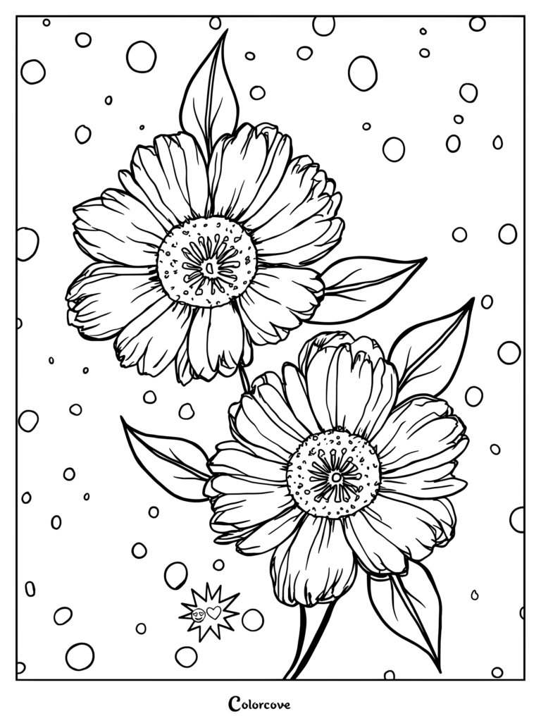 Two blooming flowers with bubbles daisy coloring page