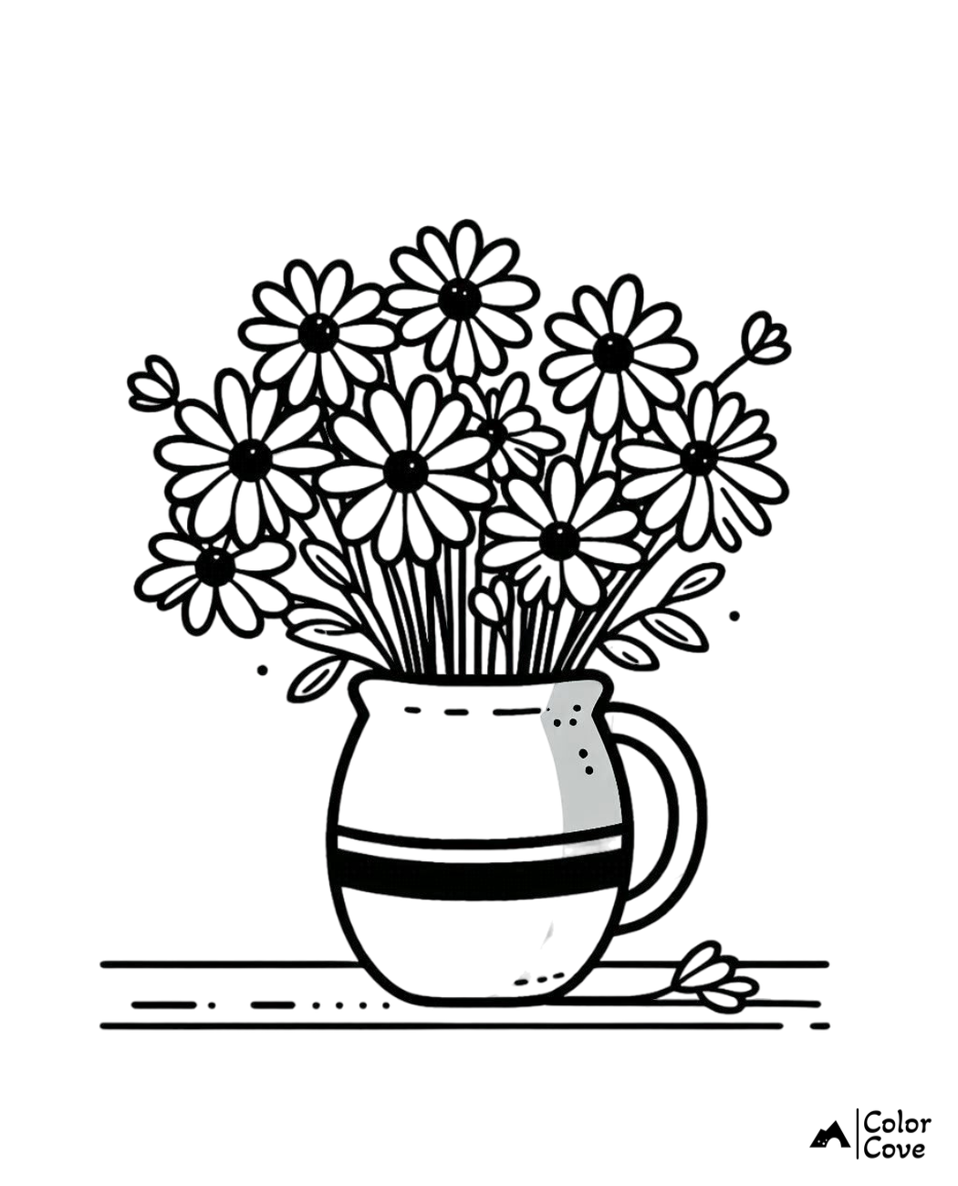 Black and white coloring page of daisies in a vase, perfect for kids and adults to enjoy and express creativity.