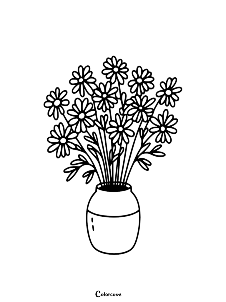 Daisy Coloring Pages Free Printable 7 featuring a bouquet of flowers in a vase.