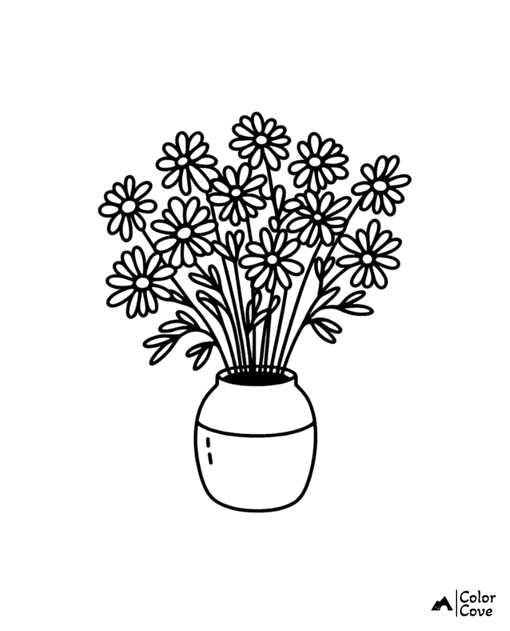 Coloring page of a vase with blooming daisies; free floral print for kids and adults.