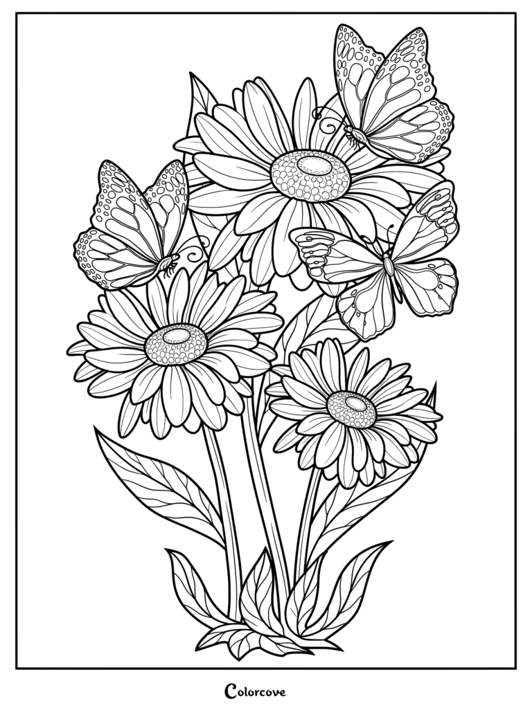 Detailed daisy coloring page featuring three butterflies resting on blossoms.