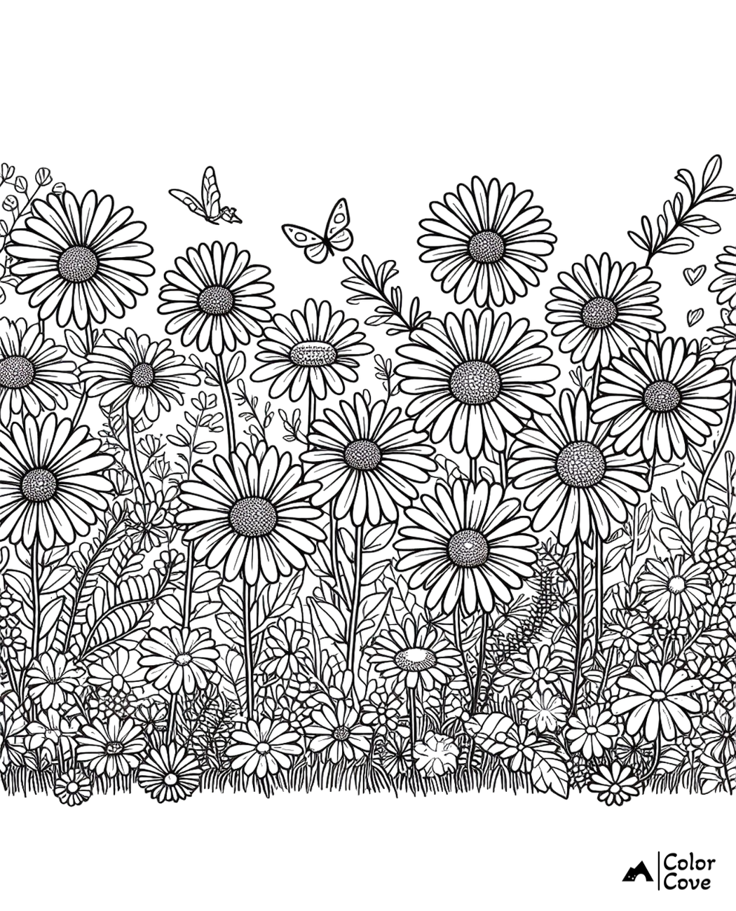 Coloring page featuring a beautiful garden of daisies and butterflies, perfect for adult coloring and relaxation.