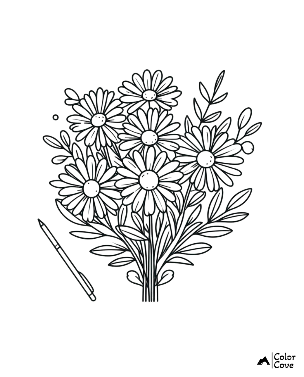 Coloring page with a bouquet of daisies and leaves, featuring intricate details and a coloring pencil on the side.