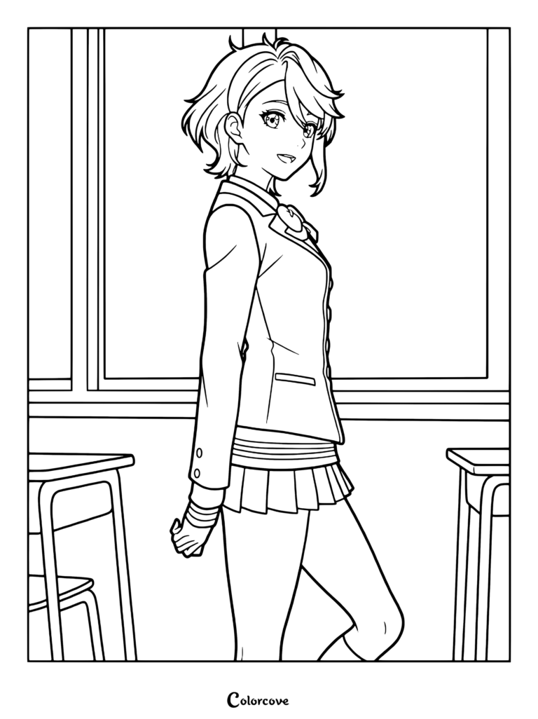 Coloriage Dandadan mettant en scène Momo Ayase debout dans une salle de classe