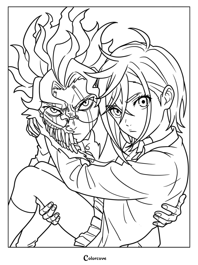 Coloriage Dandadan montrant Momo Ayase portant Okarun sous sa forme turbo