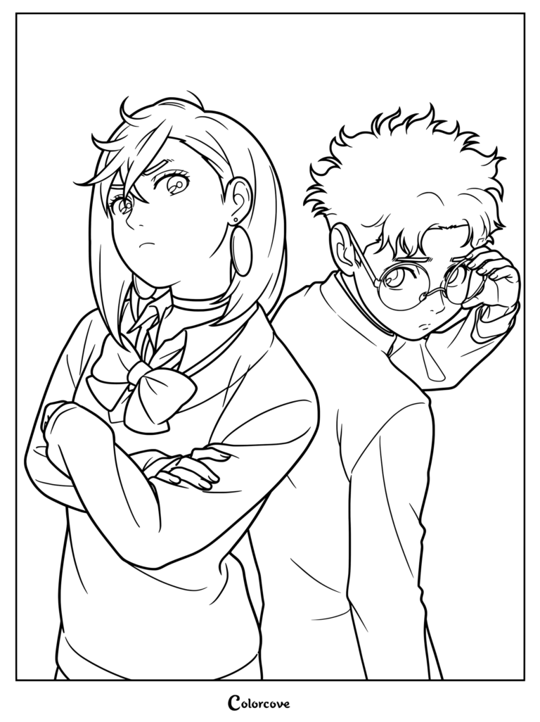 Coloriage Dandadan gratuit à imprimer 11 montrant Momo Ayase les bras croisés et Okarun réajustant ses lunettes rondes