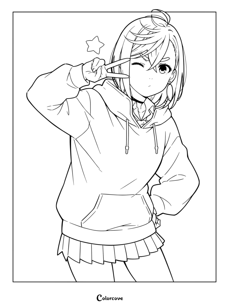 Coloriage Dandadan gratuit à imprimer 13 avec Momo Ayase faisant un signe de la paix et un clin d'œil