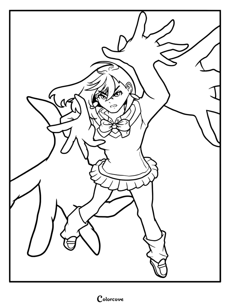 Momo Ayase de Dandadan prenant une pose d'action dynamique entourée de mains spectrales géantes dans ce coloriage gratuit à imprimer