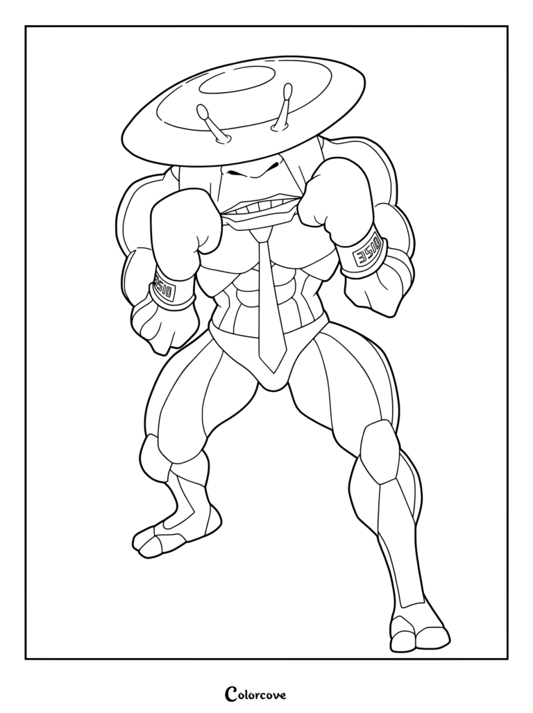 Coloriage Dandadan 15 représentant un personnage extraterrestre musclé portant des gants de boxe et un chapeau en forme d'OVNI