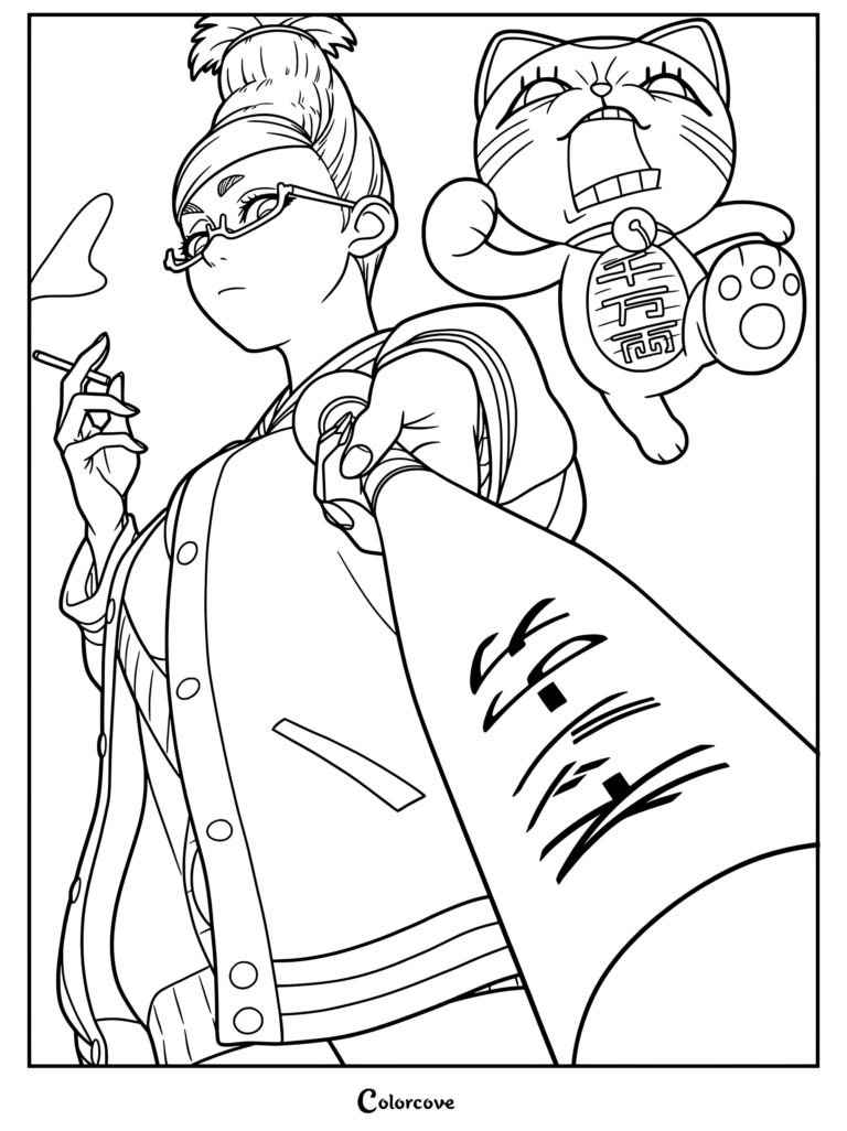 Coloriage Dandadan gratuit à imprimer 18 mettant en scène Seiko Ayase tenant une batte et fumant avec Mémé Turbo en arrière-plan