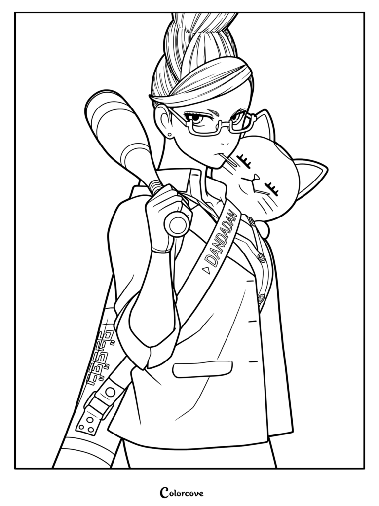 Coloriage Dandadan mettant en scène Aira Shiratori tenant une batte avec une adorable peluche chat