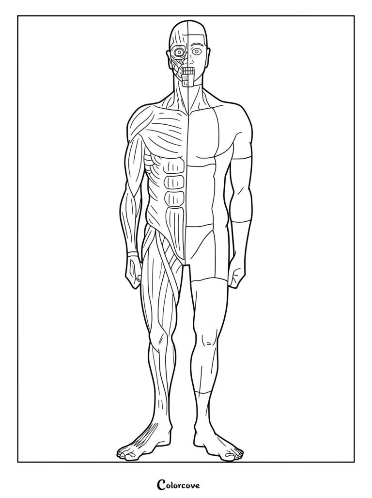 Coloriage Dandadan montrant un corps humain divisé entre l'anatomie musculaire et la peau
