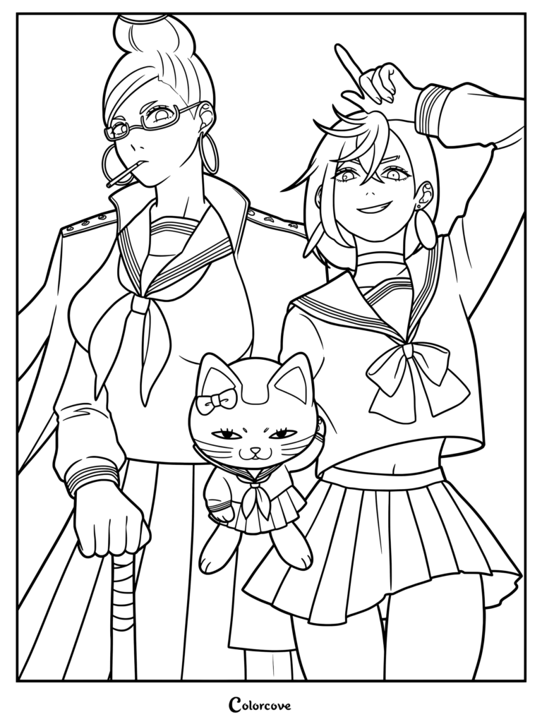 Coloriage Dandadan mettant en scène Mémé Turbo, Aira Shiratori et une peluche chat