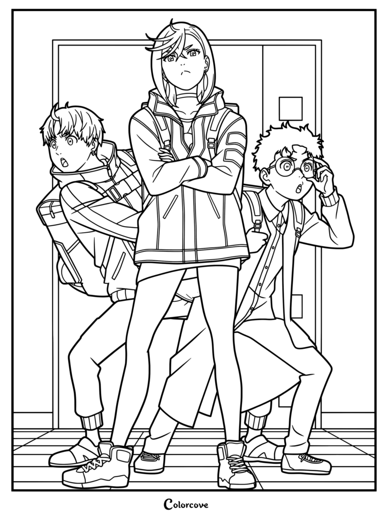 Coloriage Dandadan gratuit à imprimer 24 montrant Momo Ayase, Okarun et Jiji debout ensemble en intérieur.