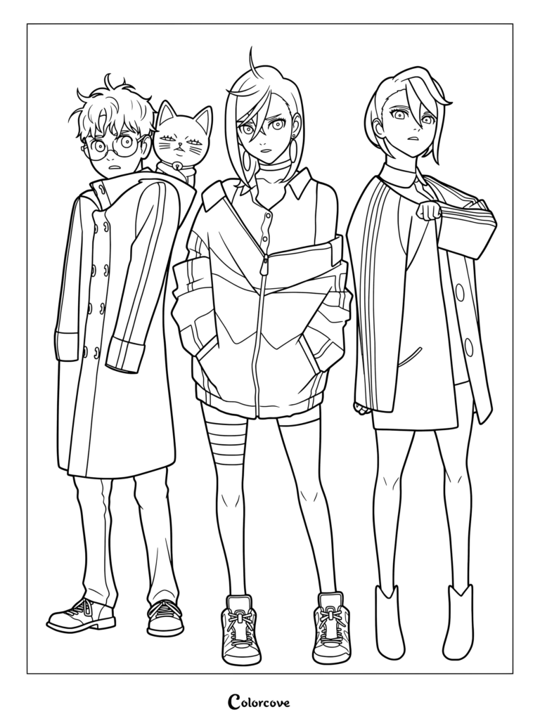 Coloriage Dandadan représentant Okarun avec le chat Mémé Turbo, Aira et Momo debout ensemble.