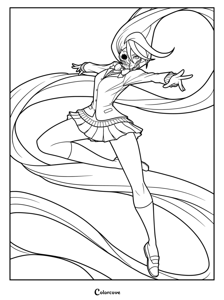 Coloriage Dandadan montrant un personnage dynamique en plein vol avec des cheveux flottants et un uniforme scolaire