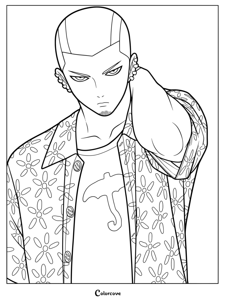 Coloriage Dandadan mettant en scène un personnage aux cheveux courts avec des boucles d'oreilles portant une chemise à fleurs