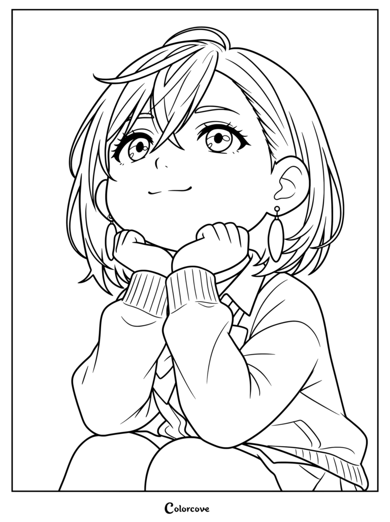 Coloriage Dandadan mettant en scène un personnage le menton posé sur les mains