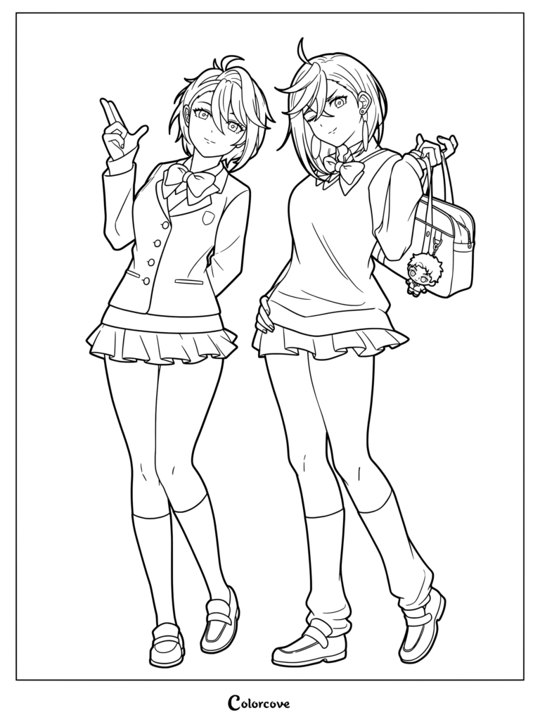 Coloriage Dandadan montrant deux lycéennes debout ensemble en uniforme