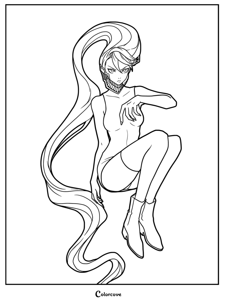 Coloriage Dandadan gratuit à imprimer mettant en scène un personnage aux cheveux flottants avec des bottes