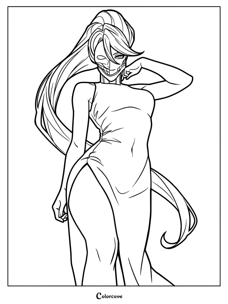 Coloriage Dandadan à imprimer mettant en scène Acro Silky posant avec grâce avec de longs cheveux flottants et une robe