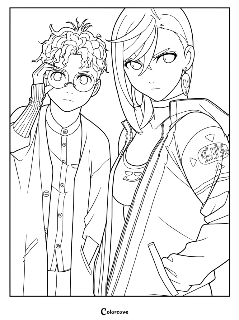 Coloriage Dandadan gratuit à imprimer 35 montrant Okarun ajustant ses lunettes aux côtés d'Aira posant avec assurance dans sa veste
