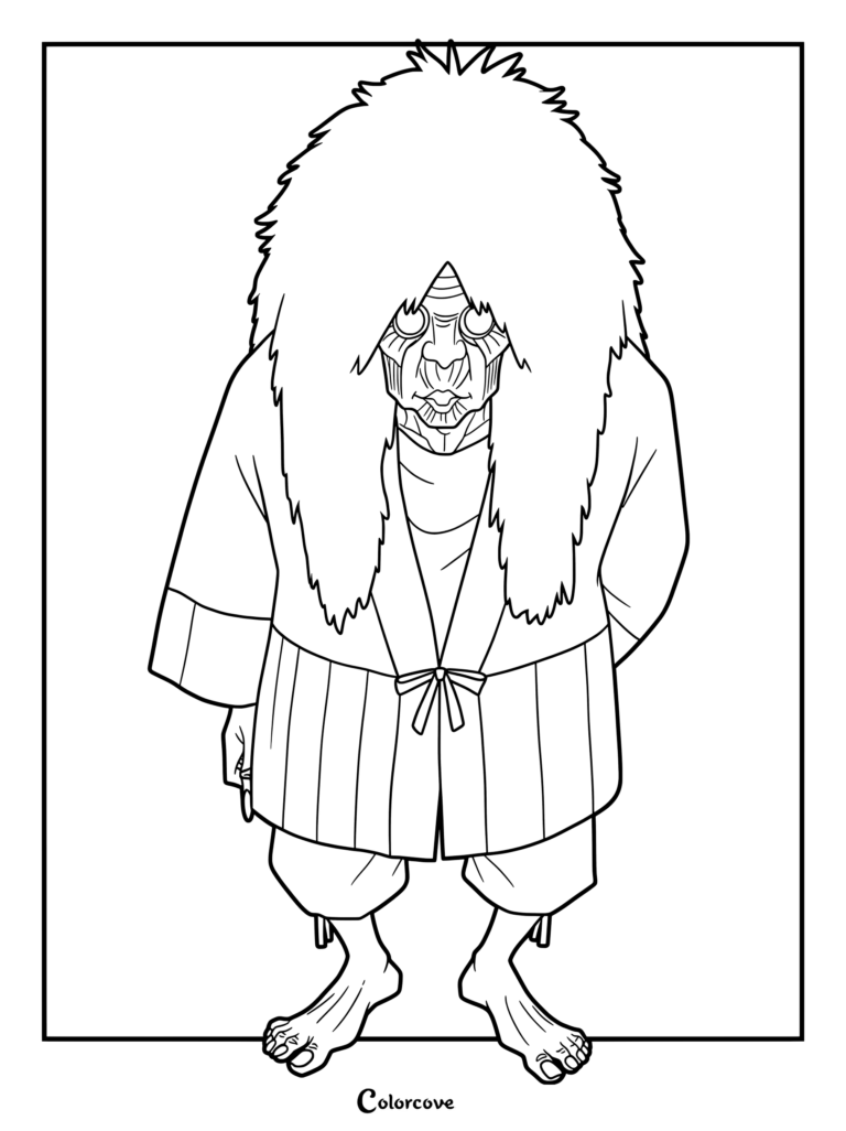 Coloriage Dandadan mettant en scène un personnage aux cheveux longs et en tenue traditionnelle debout pieds nus