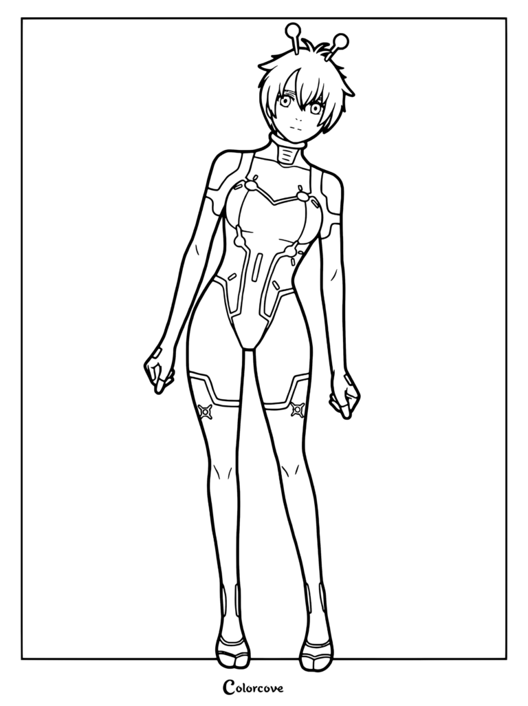 Coloriage Dandadan gratuit à imprimer 37 avec un personnage en armure avec des antennes
