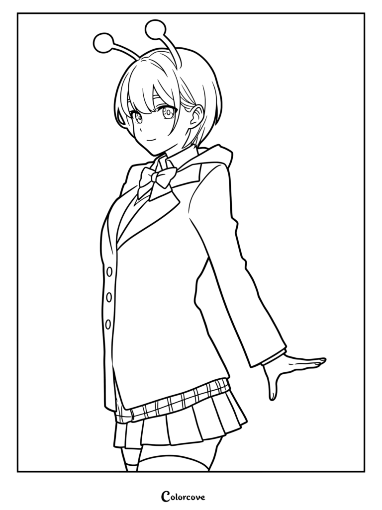 Coloriage Dandadan montrant Aira Shiratori portant un serre-tête à antennes et son uniforme scolaire